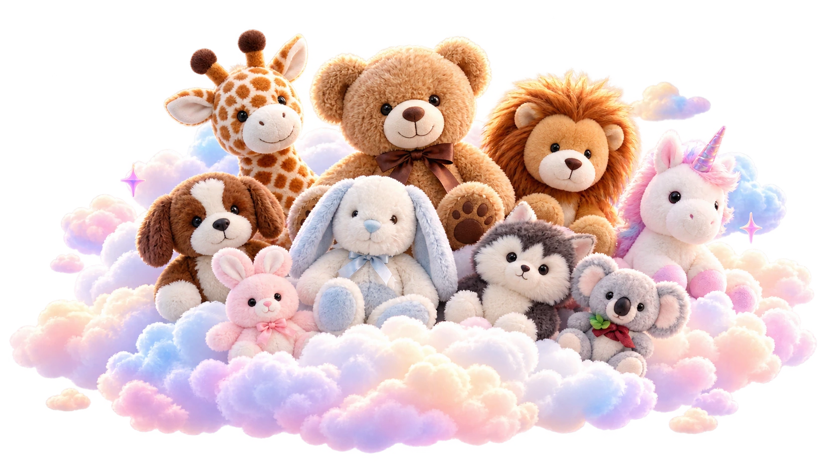 Editorial plush family with a caramel teddy, cream bunny, lamb, puppy and kitten